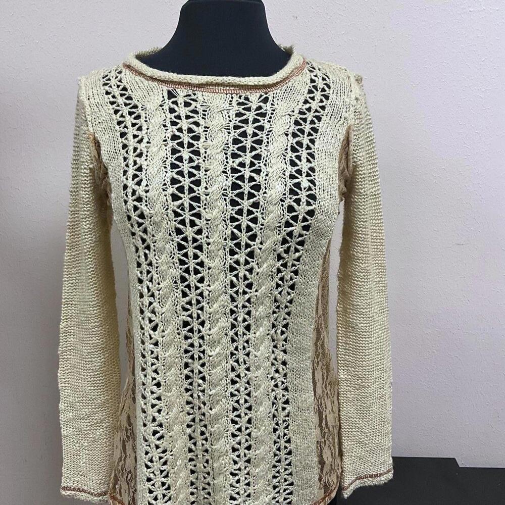 Boho Open Weave Crew Neck Sweater with Lace Panels size S